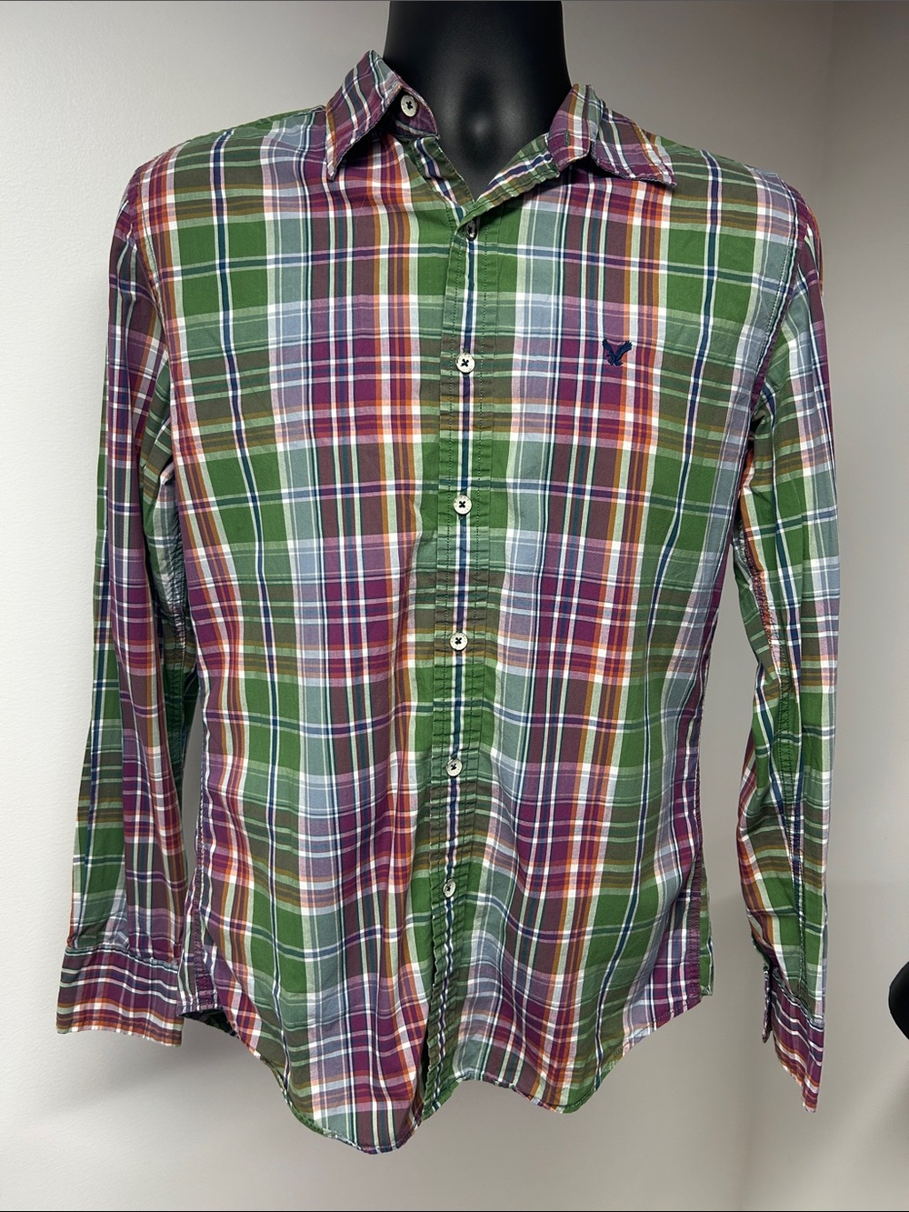 American Eagle Outfitters Vintage Fit Plaid Shirt Mens Small Green Purple Cotton